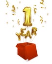 1 year gold balloons. First Anniversary Celebration. Balloons with sparkling confetti flying out of the box, number 1. Birthday or Royalty Free Stock Photo