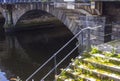 The first arch of the stone built Queen Victoria bridge over the river Lagan in Belfast Northern Ireland. Royalty Free Stock Photo