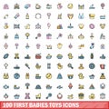 100 first babies toys icons set, color line style Royalty Free Stock Photo