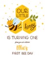 First Baby birthday invitation template. Bee party decorative card for kids birth card with text Our little honey