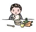 First baby food. Hand drawn line illustration of baby sitting with meal: bowl, spoon, apple, vegetables. Kid nutrition