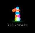 First birthday abstract icon. One number, colorful confetti, colored balloons, bright lights logo template. Anniversary