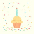 First Birthday boy card with cupcake and candle in flat design style. congratulations on the anniversary Royalty Free Stock Photo