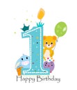 First birthday greeting card. Teddy bear, bunny and chick vector background Royalty Free Stock Photo