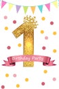 First birthday invitation for girl, one year old party. Printable vector template with glitter number one Royalty Free Stock Photo