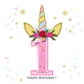 First birthday. One. Unicorn Birthday invitation. Party invitation greeting card Royalty Free Stock Photo