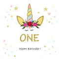 First birthday. One. Unicorn Birthday invitation. Party invitation greeting card Royalty Free Stock Photo