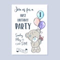First Birthday Party Invitation With Cute Teddy Bear. Birthday Party. Greeting Card Template. Vector Illustration