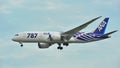 First Boeing 787 (Dreamliner) of All Nippon Airways (ANA) fleet landing at Changi Airport Royalty Free Stock Photo