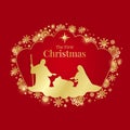 The first Christmas r sign with Gold Nightly christmas scenery mary and joseph in a manger with baby Jesus and Meteor in snow