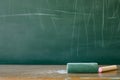 First-class, An empty green chalkboard with an eraser and white chalk, ready for Teacher's Day