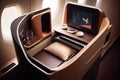 first-class seat, with tray table and blanket, in sleek airplane cabin