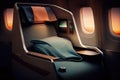 first-class seat, with tray table and blanket, in sleek airplane cabin