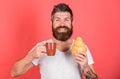 But first coffee. Enjoy every sip of coffee. Bearded hipster enjoy breakfast drink coffee. Gastronomic pleasure. Man Royalty Free Stock Photo