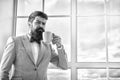 But first coffee. Man groom drinking coffee early in morning. Beginning of great day. Important day in his life. Get Royalty Free Stock Photo