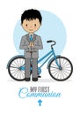 First communion card. Boy with bicycle. Royalty Free Stock Photo