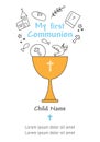 First communion card. Chalice with religion icons.