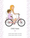 First communion card. Girl carrying an angel on the bicycle
