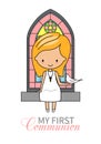 First communion card. Girl with dove.
