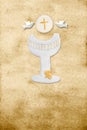 First communion card vertical parchment chalice