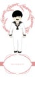First communion celebration reminder. Cute boy wearing communion suit surrounded by flower wreath. Royalty Free Stock Photo