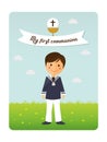 First communion child foreground invitation with message Royalty Free Stock Photo