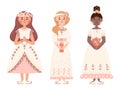 First communion day vector set girls white dresses Royalty Free Stock Photo