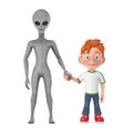 First Contact Concept. Scary Gray Humanoid Alien Friendship with Cartoon Little Boy Teen Person Character Mascot. 3d Rendering