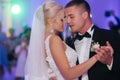 Portrait of first dance of stylish wedding couple. Handsome groom and elegant bride in the restaurant Royalty Free Stock Photo