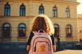 First day elementary school lonely girl little kids schoolchildren pupils students alone going college class lesson Royalty Free Stock Photo