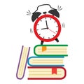 First day of school, Back to school. Alarm clock and pile of books. Vector illustration Royalty Free Stock Photo