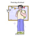 First day of school. Boy with backpack standing in front of blackboard. Royalty Free Stock Photo