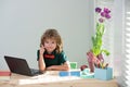 First day at school. Cute little children using laptop computer, studying through online e-learning. School, education Royalty Free Stock Photo