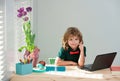 First day at school. Cute little children using laptop computer, studying through online e-learning. School, education Royalty Free Stock Photo