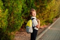 First day at school. Elementary Student, Little Boys, Backpack. Royalty Free Stock Photo