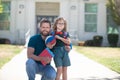 first day at school. father and son come back from school. happy family value