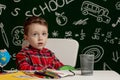 First day of school. Kid boy from primary school. Back to school. Little boy collects school backpack to school. Child from