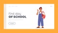 First Day of School Landing Page Template. Schoolboy with Backpack Waving Hand, Kid Student Rejoice, Childhood Happiness
