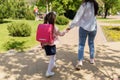 First day at school. mother leads a little child school girl in first grade Royalty Free Stock Photo