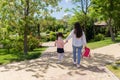 First day at school. mother leads a little child school girl in first grade Royalty Free Stock Photo