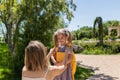 First day at school. mother leads a little child school girl in first grade Royalty Free Stock Photo