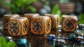 The first dice of the EID MUBARAK are composed of wooden dice. Close-up of the dice.