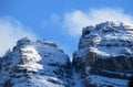 The first early autumn snow on the high alpine peaks above the Calfeisental alpine valley and in the UNESCO World Heritage Royalty Free Stock Photo