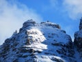 The first early autumn snow on the high alpine peaks above the Calfeisental alpine valley and in the UNESCO World Heritage Royalty Free Stock Photo