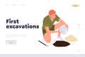 First excavation landing page with man scientist character during archaeological research work Royalty Free Stock Photo