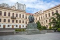 The first experimental public school in Tbilisi, classic gymnasium, statue of Ilia Chavchavadze and Akaki Tsereteli