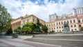 The first experimental public school in Tbilisi, classic gymnasium, statue of Ilia Chavchavadze and Akaki Tsereteli