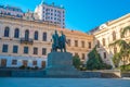 The first experimental public school in Tbilisi, classic gymnasium and statue of Ilia Chavchavadze and Akaki Tsereteli