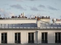 First floor and roof of a house with many small chimneys, TV antennas. Wrought-iron grates in front of the faraway star. Design of Royalty Free Stock Photo