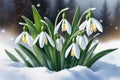 First flowers. Spring snowdrops bloom in the snow. Royalty Free Stock Photo